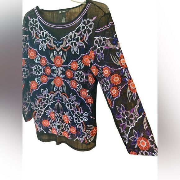 INC Sz M Black Purple Heavy Embroidered Front Design Sheer Overlay Tank Top - Picture 2 of 7